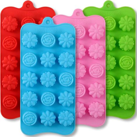 Lot de 4 moules silicone fleur - 15 cavités antiadhésives - Qualité alimentaire - Pour chocolat, savon et glace - Multicolore - 22x10,5cm (1/5)