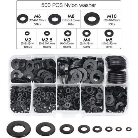 Joint en nylon, rondelle d'entretoise ronde de rondelle plate noire de 500PCS compatible avec M2 M2.5 M3 M4 M5 M6 M8 M10 (1/5)