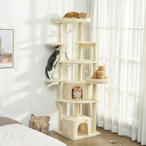Arbre à chat 2 m, pour 2-3 chats, avec griffoirs sisal, niches, hamac & cachettes, structure multi-niveaux en bois et peluche, couleur beige (1/4)