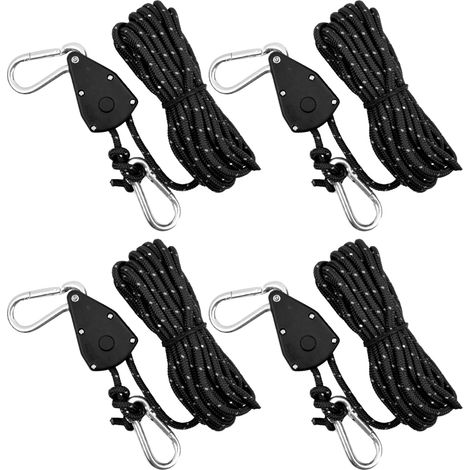 Cordes de tente réfléchissantes, cordes à cliquet réglables pour camping, parasols, auvents, lot de 4, 4 mm x 4 m, noir