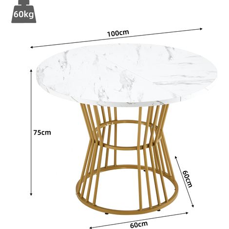 Ensemble table à manger 5 pièces, table ronde 100 cm avec 4 chaises, plateau MDF blanc, pieds métal doré, chaises velours noir pour cuisine et salle à manger. (1/5)