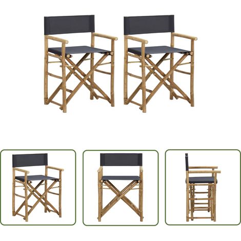 The Living Store Chaises pliables de directeur lot de 2 Gris foncé Bambou tissu - Chaise De Jardin - Chaise Pliante - Mobilier De Jardin - Chaises En Bambou - Chaise Extérieure (1/5)