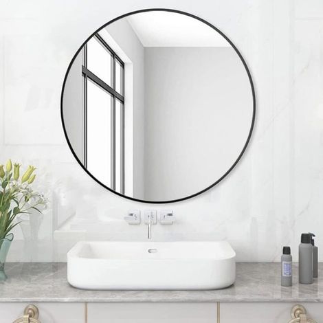Miroir de salle de bain rond 50 cm, mural avec cadre en plastique noir, miroir décoratif sans éclairage (1/3)