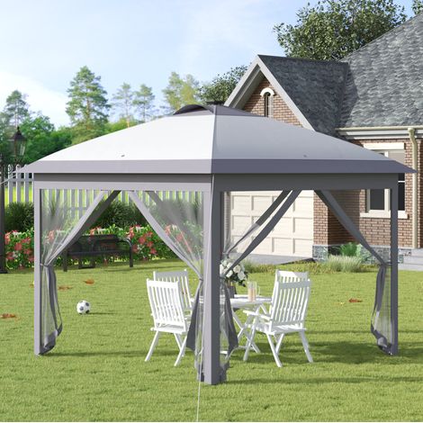 Pavillon pliant de jardin 3,3 x 3,3 m avec LED solaires et USB, parois moustiquaires amovibles, protection solaire, gris (1/5)