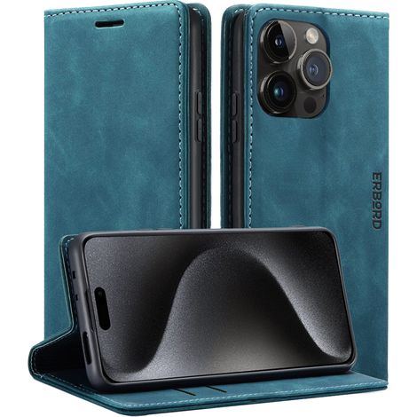 Funda para iPhone 15 Pro Max, Erbord Vintage Wallet Flip Cover, Azul (1/5)