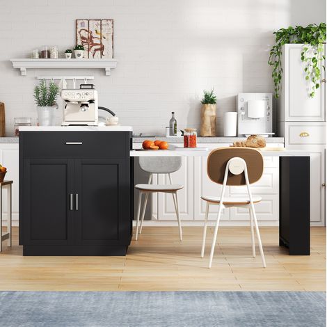 Isla de cocina extensible con mesa para 2 a 6 personas, enchufes, negro y blanco HAVRYA (1/5)