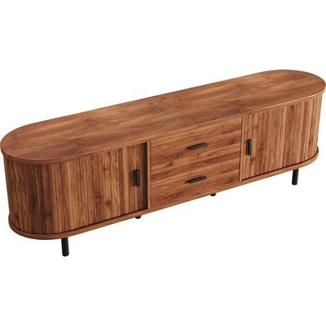 Mueble TV con puertas correderas, 2 cajones y patas metálicas negras 160x40x55 cm (1/5)