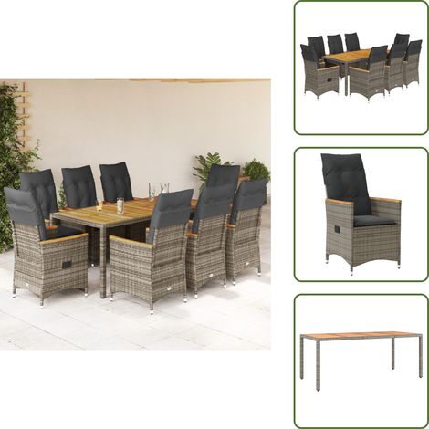 The Living Store 9-tlg. Garten-Essgruppe mit Kissen Grau Poly Rattan - Gartenstuhl (1/5)