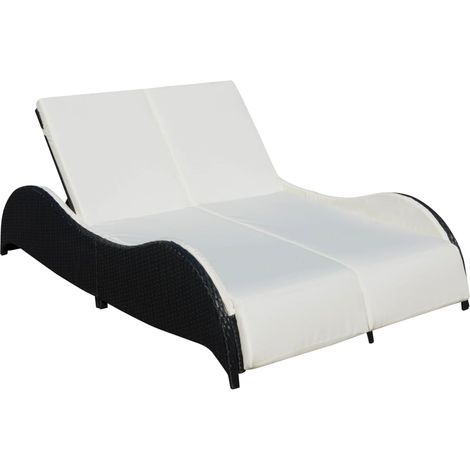 Chaise longue double Bain de soleil Transat de relaxation avec coussin Résine tressée Noir BSRHS436949 (1/5)