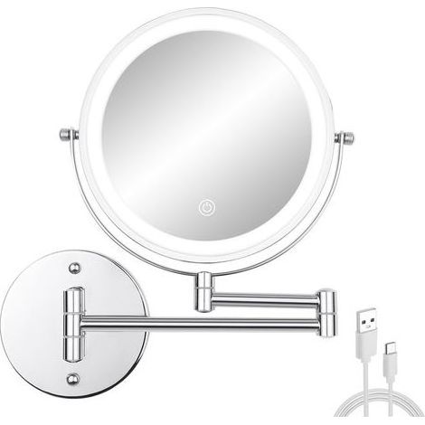 Miroir de maquillage mural avec lumières, 20,3 cm double face 3x, miroir de rasage grossissant pour salle de bain avec, miroir cosmétique extensible rechargeable (1/5)
