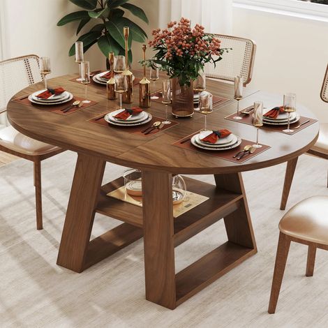 Table ronde extensible 110/150x110cm, avec rangement intégré, pour 4 à 6 personnes, effet noyer, plateau chaleureux et mécanisme d'extension facile (1/5)