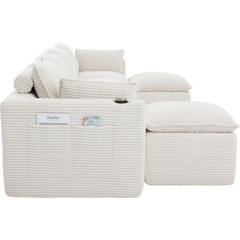 Divano modulare 4 posti in corduroy beige con 2 pouf, cuscini, portabicchieri e tasche laterali (1/5)