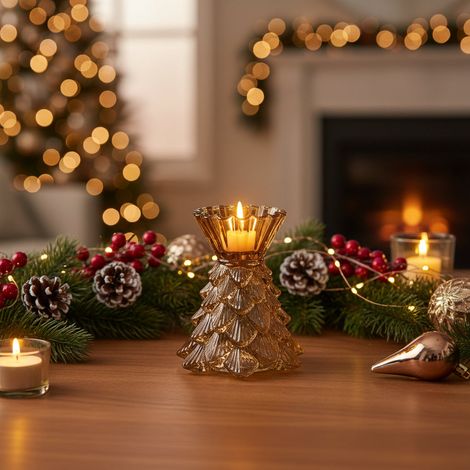 EDG Enzo De Gasperi Portacandela Pino in Vetro H14 Ø12 cm Marrone – Decorazione Natalizia (1/4)