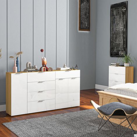 Wohnzimmer-Sideboard, Kommode mit 4 Schubladen, Tür und verstellbaren Einlegeböden, 105 x 35 x 92 cm, Weiß und Natur