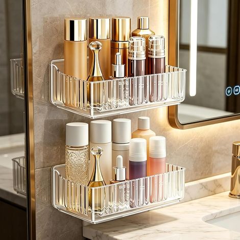CCYKXA2-Piece Shower Shelf, No Drilling Required, Shower Storage, 23.5x13x7.5 cm, Transparent, No Drilling Required, Bathroom Storage (1/5)