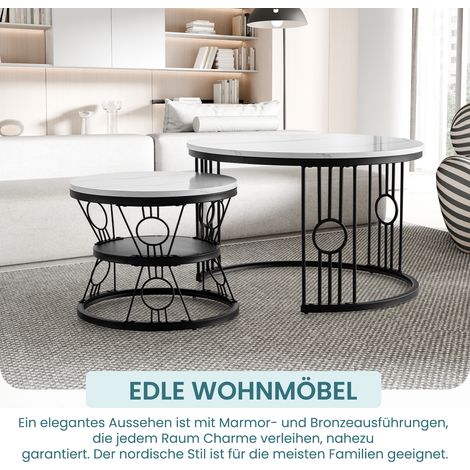 Conjunto de mesa de centro y mesa auxiliar blanca de MDF con estructura de acero negro, 70x70x45 cm y 45x45x36 cm (1/5)