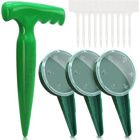 Grünes Sämaschinen-Set + 1 Locher + 3 Sämaschinen + 10 Etiketten, Gartenwerkzeug, Kunststoff-Lochstecher für Setzlinge