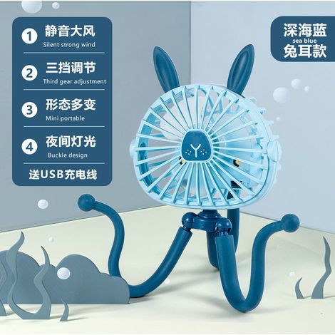 Ventilador eléctrico portátil y silencioso con forma de pulpo, recargable por USB, ideal para cochecitos, cunas o camas de bebé. Ventilador pequeño con orejas de conejo azules.