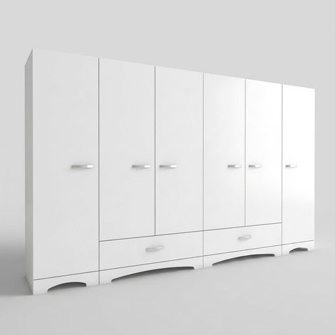 Ridan Kleiderschrank 6-türig mit Schubladen und Regalböden - Weiß