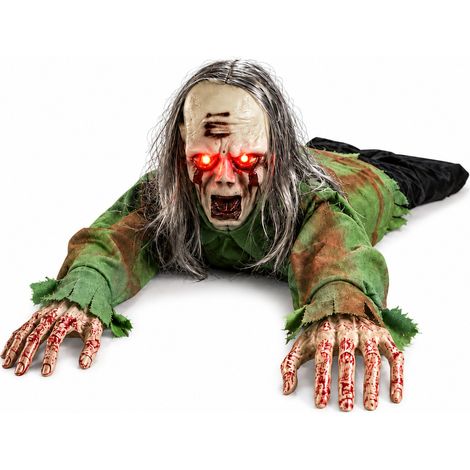 Décoration animée Halloween fantôme rampant yeux rouges lumineux, accessoire horreur à commande sonore et tactile pour maison hantée