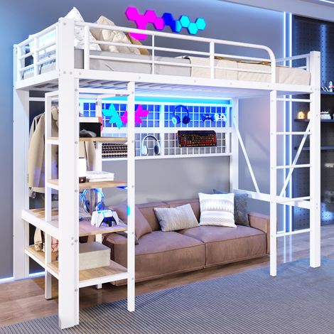 Cama alta 90x200 cm con tira de luz LED, compartimentos de almacenaje, estructura de hierro color blanco (Sin colchón) (1/5)