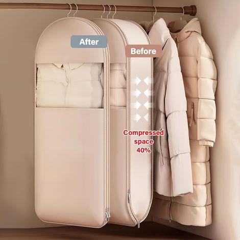 This beige, vacuum-insulated, hanging compression garment bag saves 40% space. It's ideal for storing winter coats and other items.