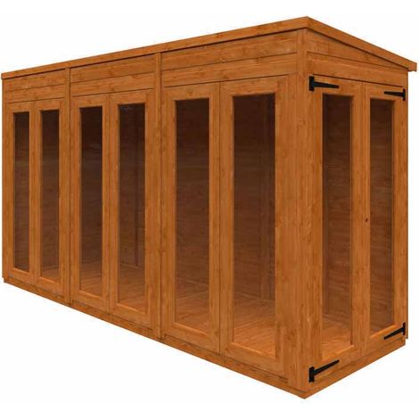 12x4 Flex Pent Full Pane Summerhouse 12mm Flex - L353.8 x W115 x H203 cm - Solid Wood/Softwood/Pine - Burnt Orange