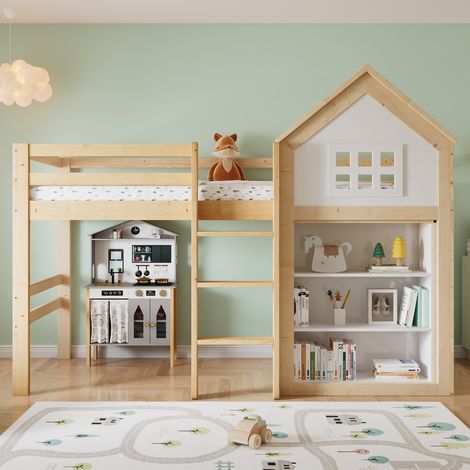 Lit mezzanine enfant avec rangement tiroirs barrière de sécurité structure pin MDF contreplaqué blanc naturel 90x200 cm (sans Matelas)