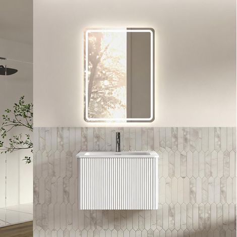 Mueble de baño con lavabo y espejo LED, 60 cm, blanco, premontado DESVIAE (1/5)