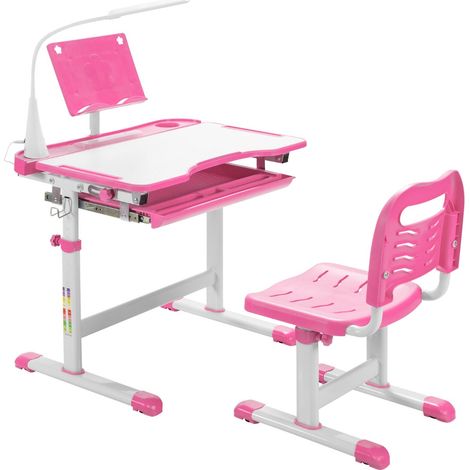 Set scrivania e sedia per bambini con altezza regolabile, Scrivania e sedia con leggio per libri e luce LED Rosa (1/3)