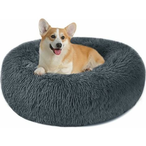 Panier Chien Chat - Lit Donut Rond Anti Stress en Peluche Lavable - Pour Animal Petit à Moyen - 60 cm - Gris Foncé