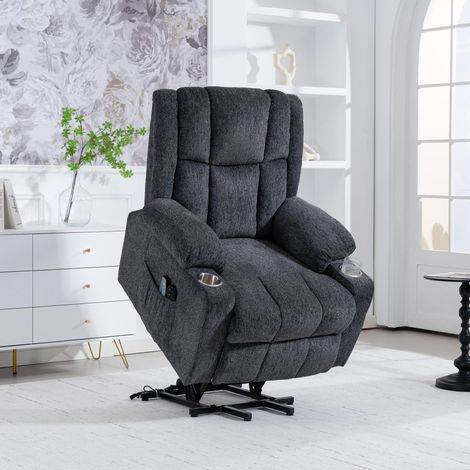 Fauteuil releveur électrique 8205 avec assistance levage, massage et chauffage, siège senior inclinable avec repose-pieds, tissu gris foncé confort moderne (1/5)