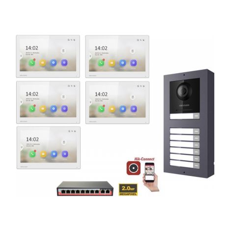 KIT Videocitofono IP Poe Hikvision 5 appartamenti Monitor 7 pollici Bianco WIFI smart telecamera 2 mpx