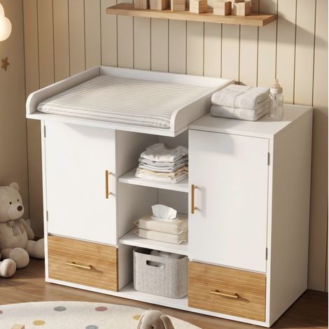 Fasciatoio con contenitore e divisorio removibile, 2 cassetti, ante, mobile multiuso in MDF bianco naturale. (1/5)