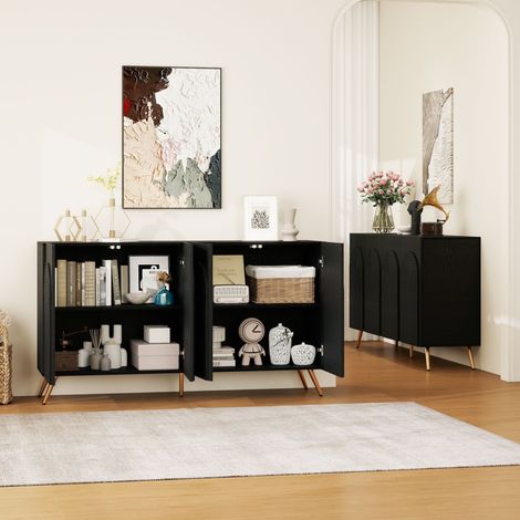 Buffet au style mid-century, meuble de couloir noir avec rainures 3D et portes cintrées, panneau de particules, étagères réglables, pieds en métal doré (1/5)