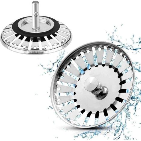 Bouchons d'évier de cuisine en acier inoxydable (lot de 2) : bouchon, crépine et filtre de vidange avec embout sphérique (84 mm de diamètre).