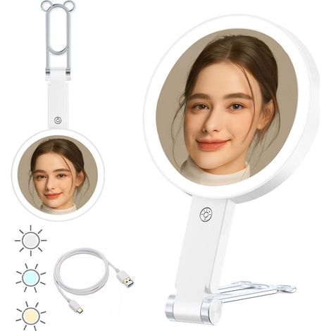 10x Miroir de voyage avec lumière, miroir de maquillage grossissant double face, miroir de maquillage rechargeable avec éclairage 3 couleurs, écran tactile à intensité variable, poignée de (1/5)