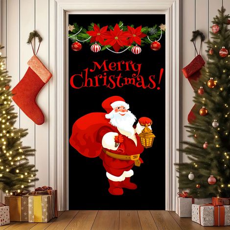 Nouvelle décoration de porte de Noël, motif Père Noël pour jardin, cour ou extérieur - 90 x 180 cm (perforée + ruban) - 40