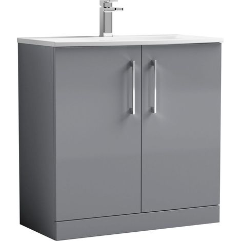 Balterley Modern Bathroom Floor Standing 2 Soft Close Door Vanity Unit & Curved Basin, Satin Grey, 800mm