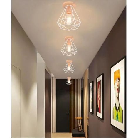 kawoo Lot de 4 Plafonnier Industrielle Vintage en Bois Métal Blanc Lampe de Plafonde Vintage en Cage Diamant Style Edison pour (1/4)
