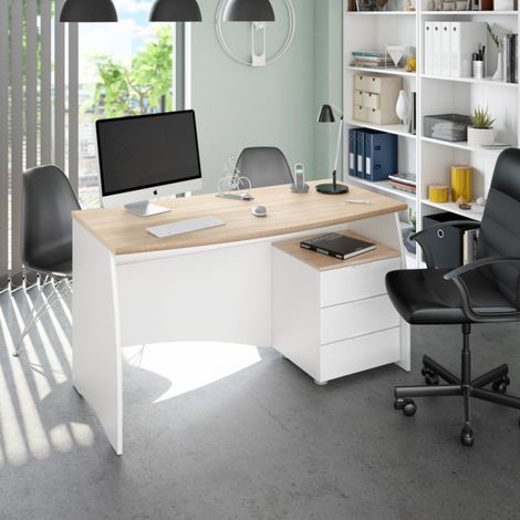 Bureau avec caisson 3 tiroirs 136x67x76 cm blanc et chêne