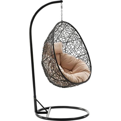 Chaise suspendu Comfivo Undtudo, Noir + Crème, 195x90x95cm, Tissu, Métal, Osier plastique