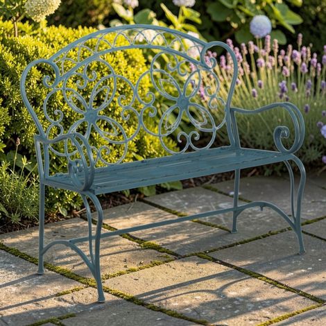 111cm Vintage Garden Bench in Antique Finish - Metal - L103 x W46 x H111 cm - Blue/Gold