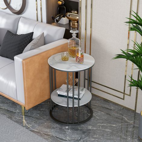 2 Tier Marble Simple Coffee Table Modern Round Sofa Side End Table Living Room, Black