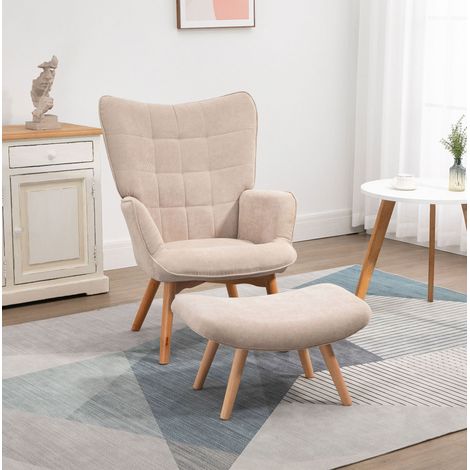Sillón orejero con reposapiés 72x80x101 cm beige en pana con patas de madera y acolchado mullido (1/3)
