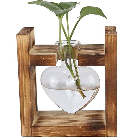 13×15cm Station de Propagation pour Plantes Hydroponiques, Terrarium en Verre Transparent avec Support Bois, Vase de Table en Forme de Cœur Design Vintage pour Décorations Maison Bureau ou Café(Un) (1/5)