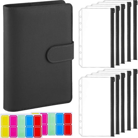 Classeur de budget A6, cuir PU, avec 10 enveloppes budgétaires/2 étiquettes de caisse, rangement pour cartes - Noir