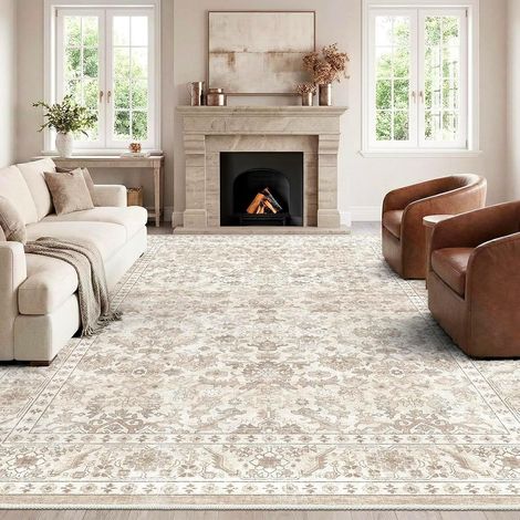 Beige Tapis Salon Vintage 160x230 cm Lavable en Machine Antidérapant Grand Tapis Salon Doux Poil Court pour Chambre Adulte, Salle à Manger, Cuisine