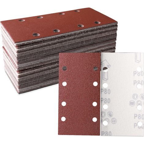 Lot de 30 feuilles abrasives 93 x 185 mm Papier abrasif carré auto agrippant 8 trous 80 grains Idéal pour ponçage, polissage et dérouillage Convient pour ponceuse rectangulaire (1/4)
