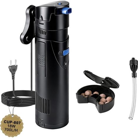 4-in-1 Aquarium Pump and Filter with 7W UVC Lamp, 700 L/h 18W Silent Air Pump, Algae Control, Air Pump with Skimmer, Sponge and Media, for 150-300L Tanks, Complete Aquariums and Freshwater (1/5)